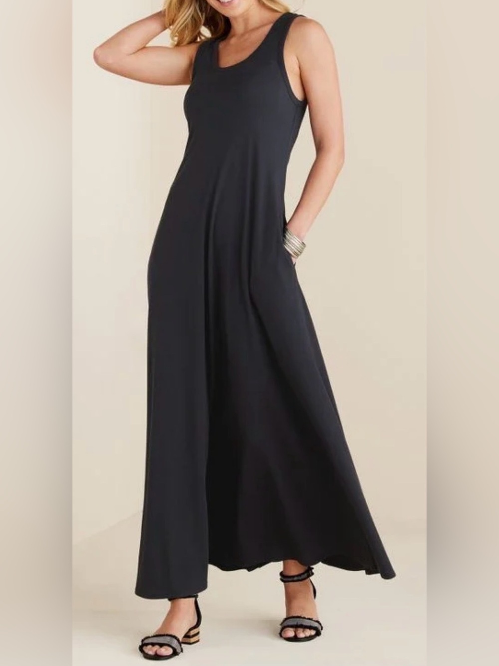 Soft Surroundings Santiago Dress Small Black Maxi Minimalist Pockets NEW Flaw